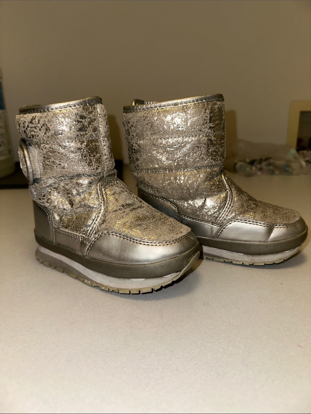 Rubber Duck Crew Cuts Metallic Silver Kids Snow Boots - Sparkle Finish